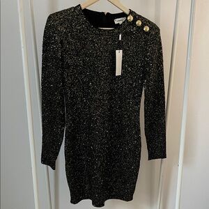 L'AGENCE Glittering Black and Gold Long Sleeve Dress